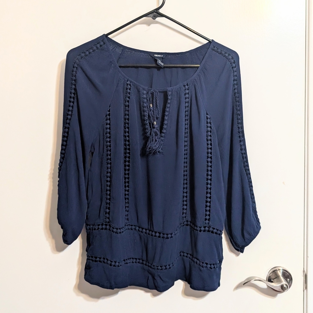 Forever 21 Navy Blue Boho Blouse - Crochet Trim & Tassels - Size S